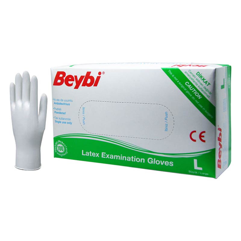 Beybi%20Pudralı%20Lateks%20Muayene%20Eldiveni%20(Large)%20100’lü%20Paket