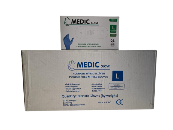 MEDIC%20GLOVE%20Mavi%20Pudrasız%20(Large)%20Nitril%20Muayene%20Eldiveni%20-%2020%20Paket%20/%20Koli