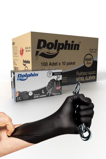 Dolphin Siyah Pudrasız Nitril Ekstra Kalın Eldiven (Large) 100’lü x 10 Paket / Koli