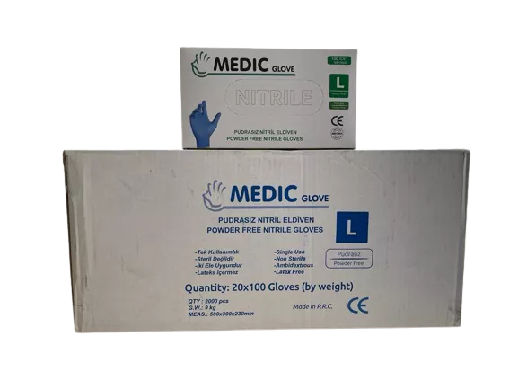 MEDIC GLOVE Mavi Pudrasız (Large) Nitril Muayene Eldiveni - 20 Paket / Koli