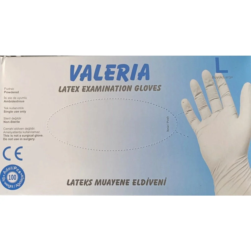 VALERIA%20Pudralı%20Lateks%20Muayene%20Eldiveni%20(Large)%20100’lü%20Paket