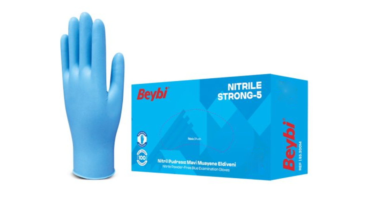 Beybi%20Strong-5%20Mavi%20Pudrasız%20Nitril%20Muayene%20Eldiveni%20(Large)%20Paket